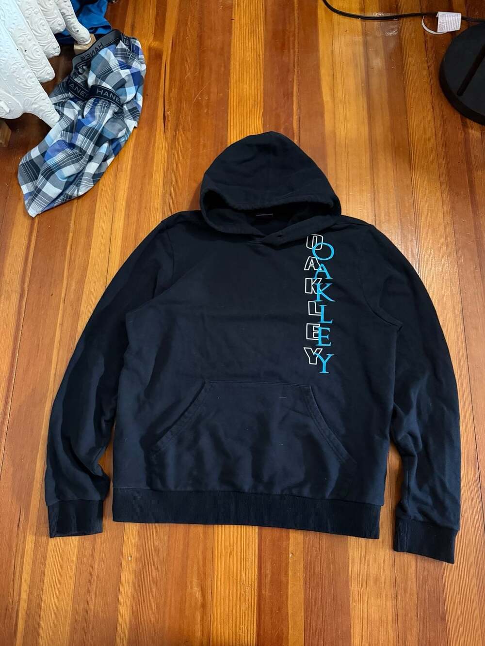 Oakley Black Pullover Hoodie with Blue Logo Graphic